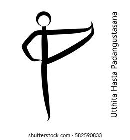 Extended Hand-To-Big-Toe Pose, Utthita Hasta Padangustasana. Yoga Position. Silhouette Illustration. Vector graphic design.  logo element for spa center, studio, poster. Yoga retreat. Black. Isolated.