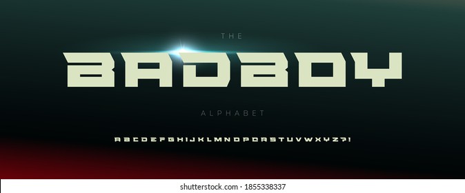 Extended industrial alphabet. Geometric font, minimal type for modern futuristic logo, headline, extended lettering and wide typography. Expanded bold strong letters, vector sans typographic design. 