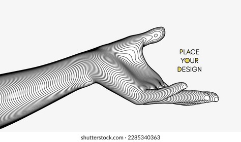 Extendida mano masculina abierta y lista para ayudar. Dando un brazo humano. Estructura de conexión. Ilustración vectorial 3D con lugar vacío. Se puede usar para folletos, afiches, presentaciones, volantes o banner.