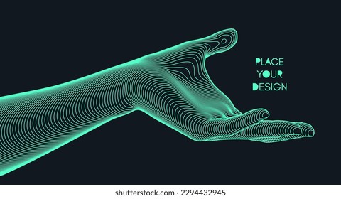 Extended male hand open and ready to help. Human arm giving. Connection structure. 3D vector illustration with empty place. Can be used for brochure, poster, presentation, flyer or banner.