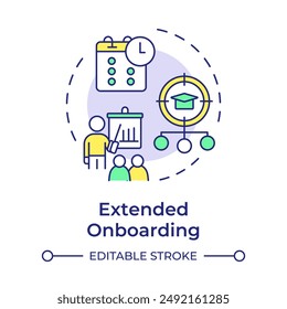 Extended onboarding multi color concept icon. Supporting new hire. Professional development. Company culture. Round shape line illustration. Abstract idea. Graphic design. Easy to use in article