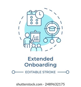 Extended onboarding soft blue concept icon. Supporting new hire. Professional development. Company culture. Round shape line illustration. Abstract idea. Graphic design. Easy to use in article