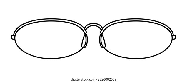 Ilustración de accesorios de gafas de marco Oval extendido. Vista frontal de cristal de sol para hombres, mujeres, estilo de silueta unisex, anteojos de gafas de llantas con contorno de estilo de esbozo de lente aislado en blanco