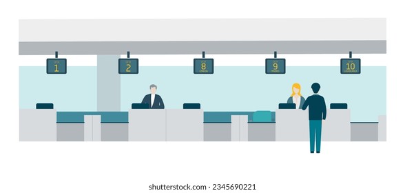 Extended panoramic view of the check in desks inside an airport with employees and man delivering his luggage. Colorful flat style detailed vector illustration.