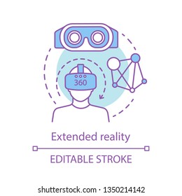 Extended reality concept icon. Innovative VR devices. 3d environment. Augmented and virtual reality applying idea thin line illustration. Vector isolated outline drawing. Editable stroke