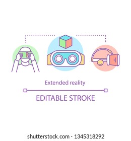 Extended reality concept icon. VR cardboard, games, technology. Virtual reality headset, glasses idea thin line illustration. Vector isolated outline drawing. Editable stroke
