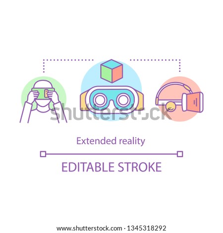 Extended reality concept icon. VR cardboard, games, technology. Virtual reality headset, glasses idea thin line illustration. Vector isolated outline drawing. Editable stroke