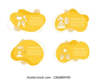 Extended reality concept illustrations. Virtual, mixed, augmented infographic template. Fluid elements with text and linear icons. Four wavy bubbles steps. Presentation, banner report vector cliparts