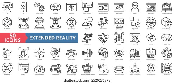 Extended reality icon collection set. Containing vr, ar, mixed reality, immersion, simulation, haptic feedback, spatial computing icon. Simple line vector illustration.