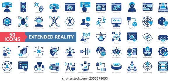 Extended reality icon collection set. Containing vr, ar, mixed reality, immersion, simulation, haptic feedback, spatial computing icon. Simple flat vector illustration.