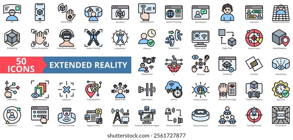 Extended reality icon collection set. Containing vr, ar, mixed reality, immersion, simulation, haptic feedback, spatial computing icon. Simple flat outline vector illustration