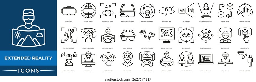 Extended Reality icon set. XR Headset, Virtual World, Augmented Vision, Mixed Reality Glasses, Immersive Experience, 360-Degree View and AR Overlay