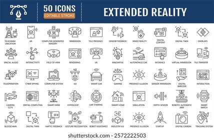 Extended Reality line editable icon set. Containing vr, mixed reality, immersion, simulation, haptic feedback, spatial computing and more. Vector Illustration