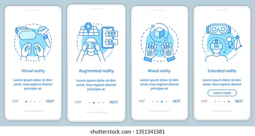 Extended reality onboarding mobile app page screen with linear concept. Virtual, augmented, mixed realities walkthrough steps graphic instructions. UX, UI, GUI vector template with illustrations