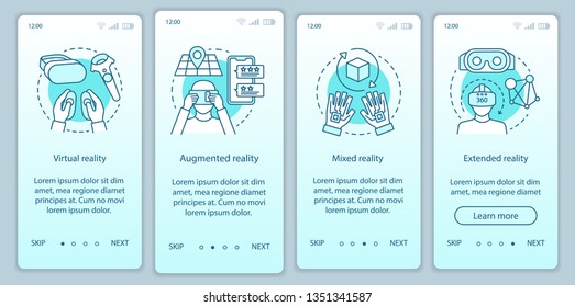 Extended reality onboarding mobile app page screen with linear concept. Virtual, augmented, mixed realities walkthrough steps graphic instructions. UX, UI, GUI vector template with illustrations