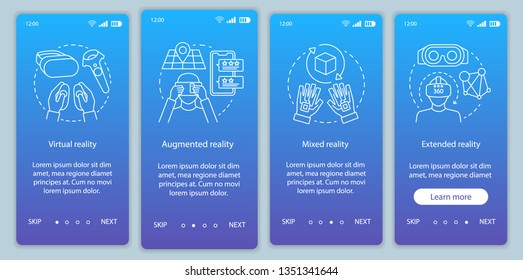 Extended reality onboarding mobile app page screen with linear concept. Virtual, augmented, mixed realities walkthrough steps graphic instructions. UX, UI, GUI vector template with illustrations