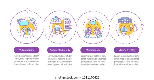 Extended reality vector infographic template. Virtual, mixed, augmented realities. Data visualization with four steps and option. Process timeline chart. Workflow layout with icons