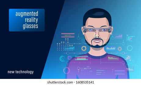 Extended reality XR, man in augmented reality glasses, on a dark blue background, front view. Person in front of a futuristic holographic interface, HUD. Virtual reality vector illustration stock.