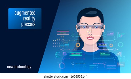 Extended reality XR, woman in augmented reality glasses, on a dark blue background, front view. Person in front of a futuristic holographic interface, HUD. Virtual reality vector illustration stock.