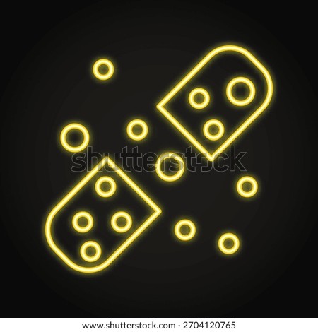 Extended release capsule neon icon. Open pill with granules spreading. Vector illustration