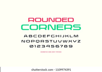 Extended sans serif font with rounded corners. Letters and numbers for sport, hi-tech, military logo design. Laconic typeface on white background