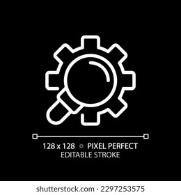 Un píxel de búsqueda extendido es un icono lineal blanco perfecto para el tema oscuro. Personalización de la consulta del motor de búsqueda. Respuestas filtradas. Ilustración de línea delgada. Símbolo aislado para el modo nocturno. Trazo editable