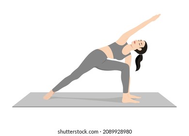 Extended Side Angle Pose, Beautiful girl practice Utthita Parsvakonasana. Young attractive woman practicing yoga exercise. working out, black wearing sportswear, grey pants, calmness and relax.