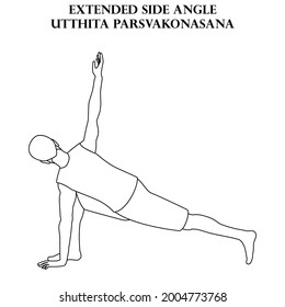 Extended side angle yoga workout. Utthita Parsvakonasana. Man doing yoga illustration outline on the white background. Vector illustration