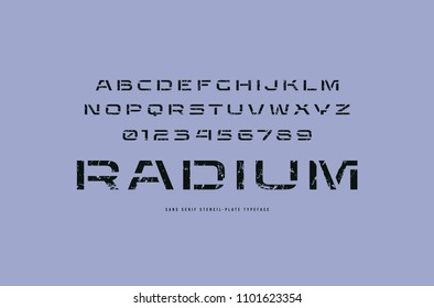 Extended stencil-plate sans serif font in military style. Letters and numbers with rough texture for logo and title design. Black print on blue background