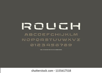 Extended stencil-plate sans serif font in the style of handmade graphics. Letters and numbers for emblem design