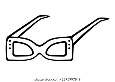 Extended sunglasses. Stylish accessory with rhinestones. The temples of the glasses are straightened. Sketch. Vector illustration. Outline on isolated background. Doodle style. Optical device 