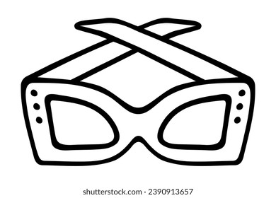Extended sunglasses. The temples of the glasses are crossed. Stylish accessory with rhinestones. Sketch. Vector illustration. Outline on isolated background. Doodle style. 