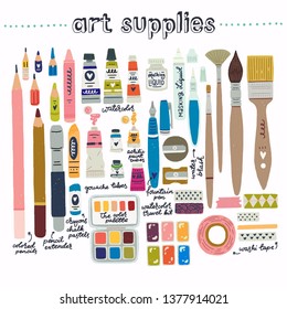 Extended toolkit of art supplier for drawing and painting. Set of flat style elements for artists and designers. Cartoon images of painting brushes, tubes, washi tapes, crayons, pencils, sharpeners