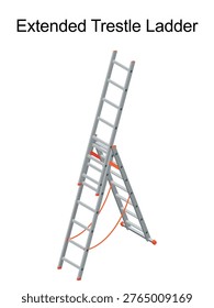 Extended Trestle Ladder for higher reach, expandable ladder for working at height in ladder safety for Trestle Ladders with stand support, Extended Trestle Ladder with legs. Industrial  work with ladders safety and construction works