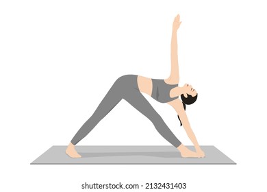 Extended Triangle Pose, Open Triangle. Beautiful girl practice Utthita Trikonasana. Young attractive woman practicing yoga exercise. working out, black wearing sportswear, grey pants and top, indoor