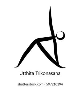 Extended Triangle Pose, Utthita Trikonasana. Yoga Position. Vector Silhouette Illustration. Vector graphic design or logo element for spa center, studio, poster. Yoga retreat. Black. Isolated.