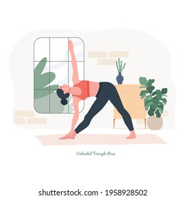 Extended Triangle  Yoga pose. Young woman practicing yoga  exercise. Woman workout fitness, aerobic and exercises. Vector Illustration.	
