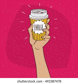Extended upwards hand holding shiny trendy paper cup of coffee, on which the inscription Energy. Red background. Handmade cartoon style. Vector illustration