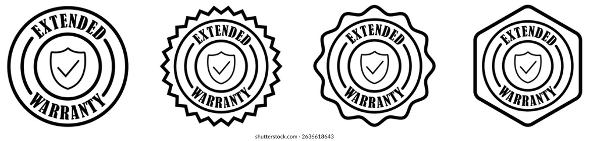 Ícone de garantia estendida isolado no fundo branco. Ícone de garantia estendida em contorno preto. Símbolo de selo de garantia com marca de seleção. Selo da proteção de garantia estendida. Emblema certificado para garantia
