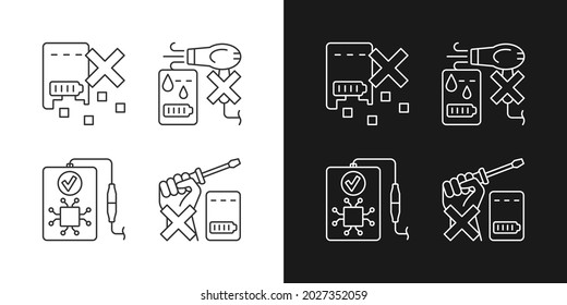 Extending power bank life linear manual label icons set for dark and light mode. Customizable thin line symbols. Isolated vector outline illustrations for product use instructions. Editable stroke