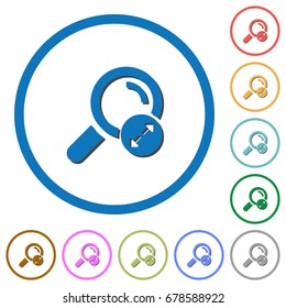 Extending search results flat color vector icons with shadows in round outlines on white background