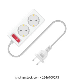 Verlängerungskabel einzeln auf weißem Hintergrund. Elektrischer Dreifach-Stecker aus weißem Kunststoff und europäischer Stecker. Illustration im realistischen Stil.