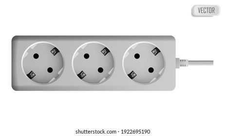 Extension cable cord isolated on white background. Electrical triple white plastic power socket strip europe type. Vector illustration in realistic style