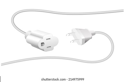 Extension cable and plug with two flat pins, to connect electrical equipment. Isolated vector illustration on white background.