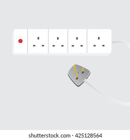 Extension cord, lead, electric plug, socket type G Use in England, Singapore, Malaysia, Vietnam, China, Hong Kong, Macao, Malta, Bahrain, Abu Dhabi, Cambodia, Cyprus, Ireland, vector illustration.