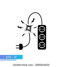 An extension cord for an outlet with a damaged cable, with sparks. Dangerous to health, short circuit. The illustration is in solid black. Vector illustration.