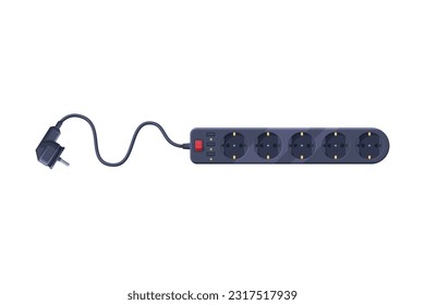 Extension Cord or Power Extender with Plug and Power Cord as Electric Current Equipment with Port Connector Vector Illustration