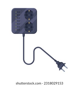 Extension Cord or Power Extender with Plug and Power Cord as Electric Current Equipment with Port Connector Vector Illustration