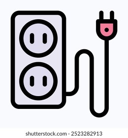 Extension Cord Symbol, Extension Cable Vector Icon, Plug, Isolated Lineal Color Vector Icon.