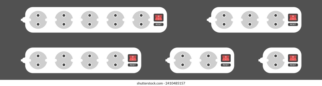 Extension cords vector icon set. Multi-socket adapter. Many connectors for electrical appliances. Icons of braided cables of electrical extension cords. White extension cord background.